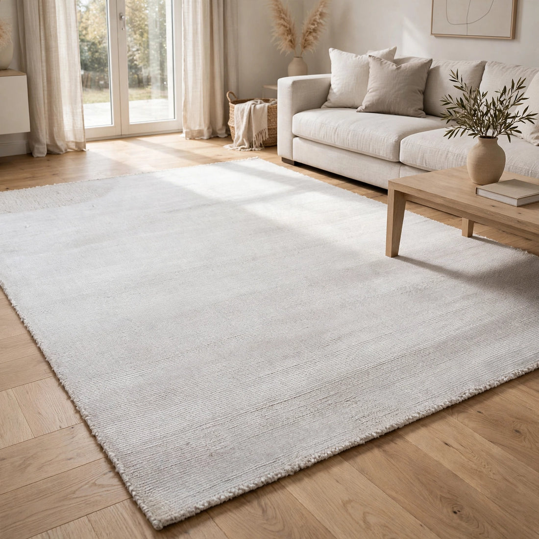 White Viscose Rug – Handmade Handloom Carpet, Bhadohi India