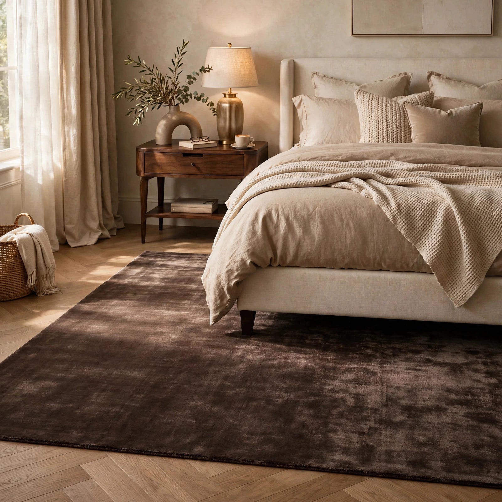Deep Brown Silky Viscose Rug – Handmade Silk-Look Handloom Carpet, Bhadohi India