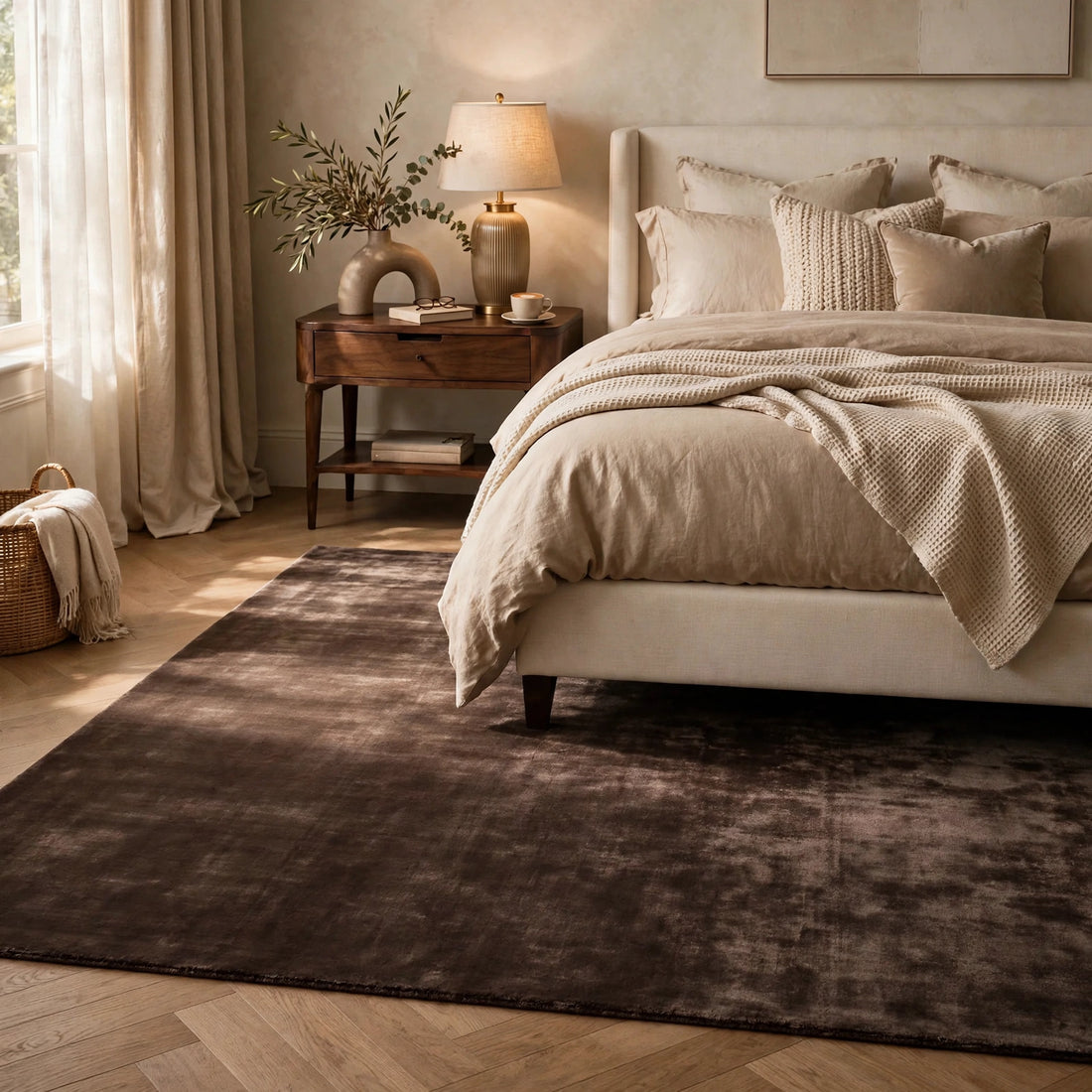 Deep Brown Silky Viscose Rug – Handmade Silk-Look Handloom Carpet, Bhadohi India