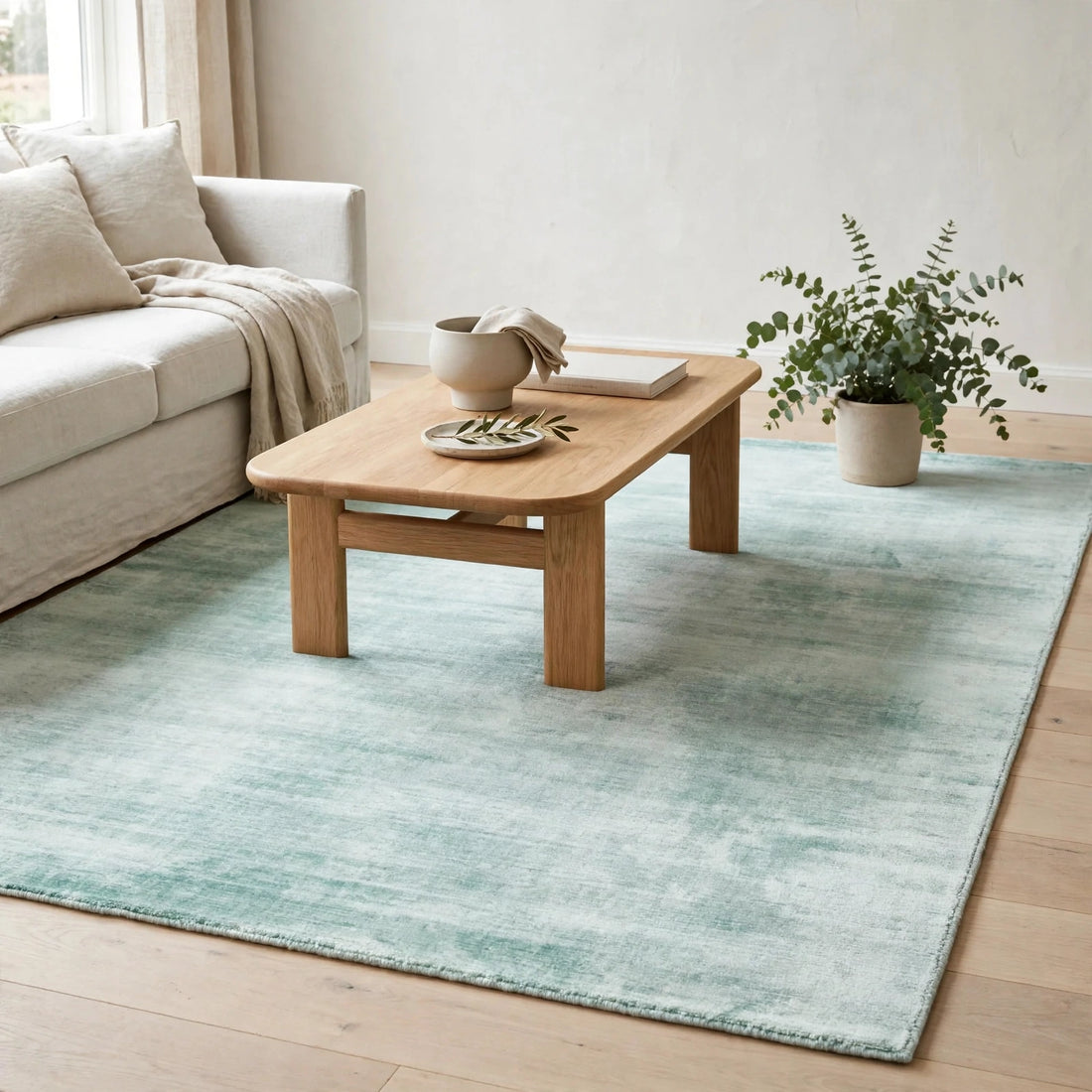 Aqua Blue Viscose Rug – Handmade Handloom Carpet, Bhadohi India