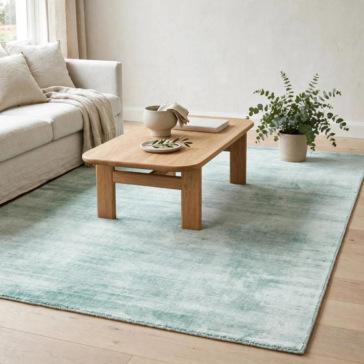 Aqua Blue Viscose Rug – Handmade Handloom Carpet, Bhadohi India