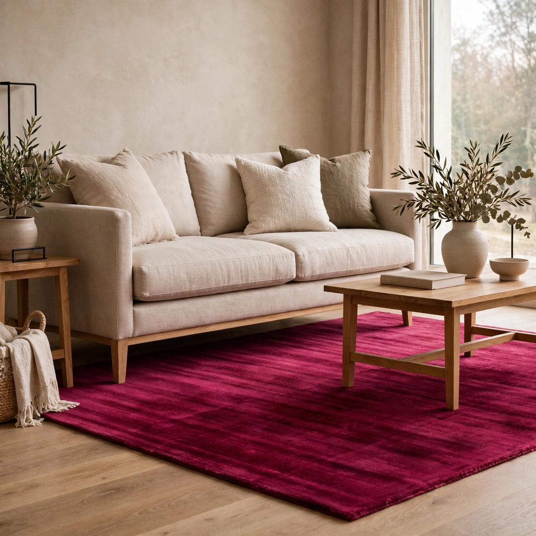 Red Viscose Rug – Handmade Handloom Carpet, Bhadohi India