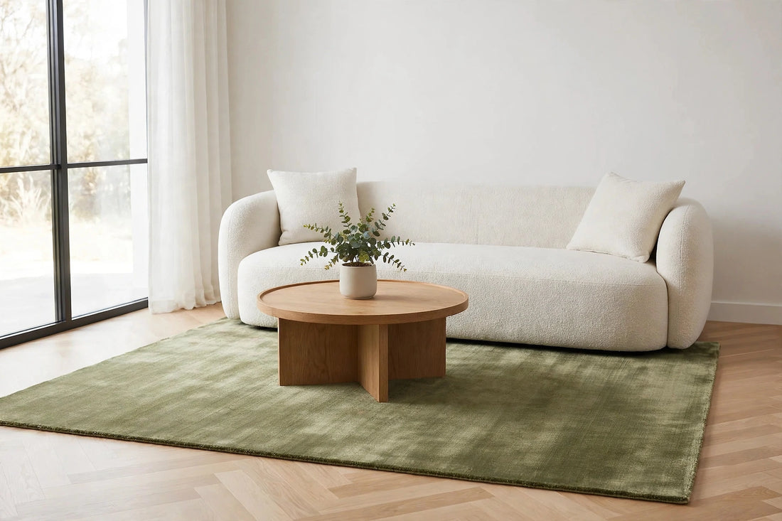 Olive Green Silky Viscose Rug – Handmade Silk-Look Handloom Carpet, Bhadohi India