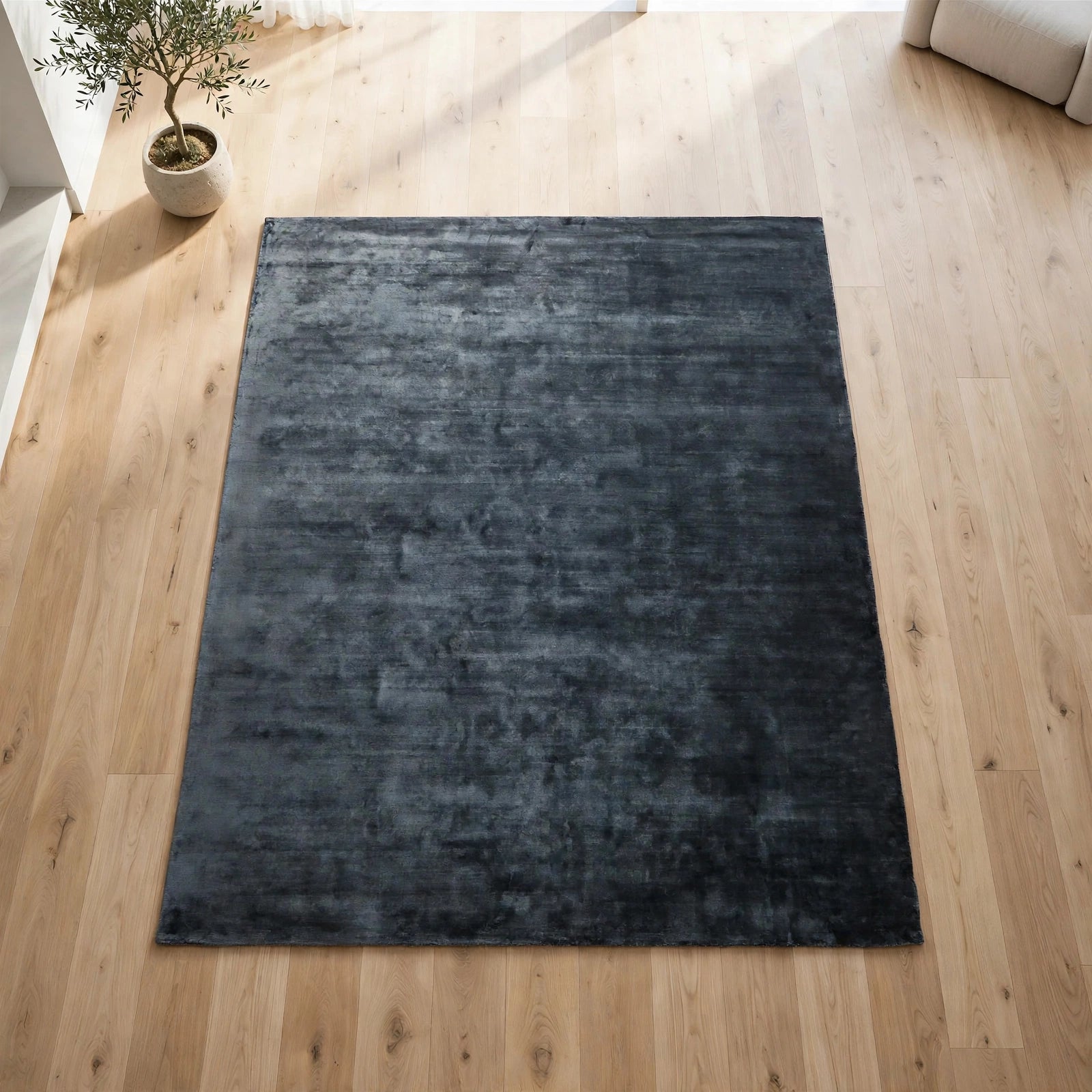 Navy Blue Viscose Rug – Handmade Handloom Carpet, Bhadohi India