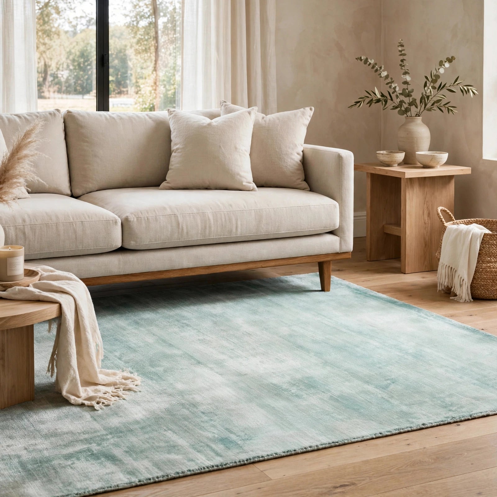 Aqua Blue Viscose Rug – Handmade Handloom Carpet, Bhadohi India