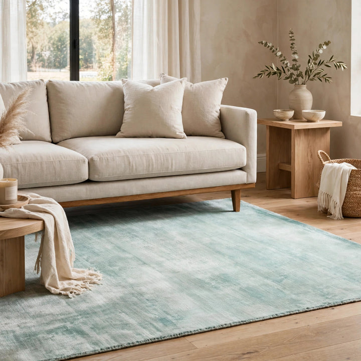 Aqua Blue Viscose Rug – Handmade Handloom Carpet, Bhadohi India