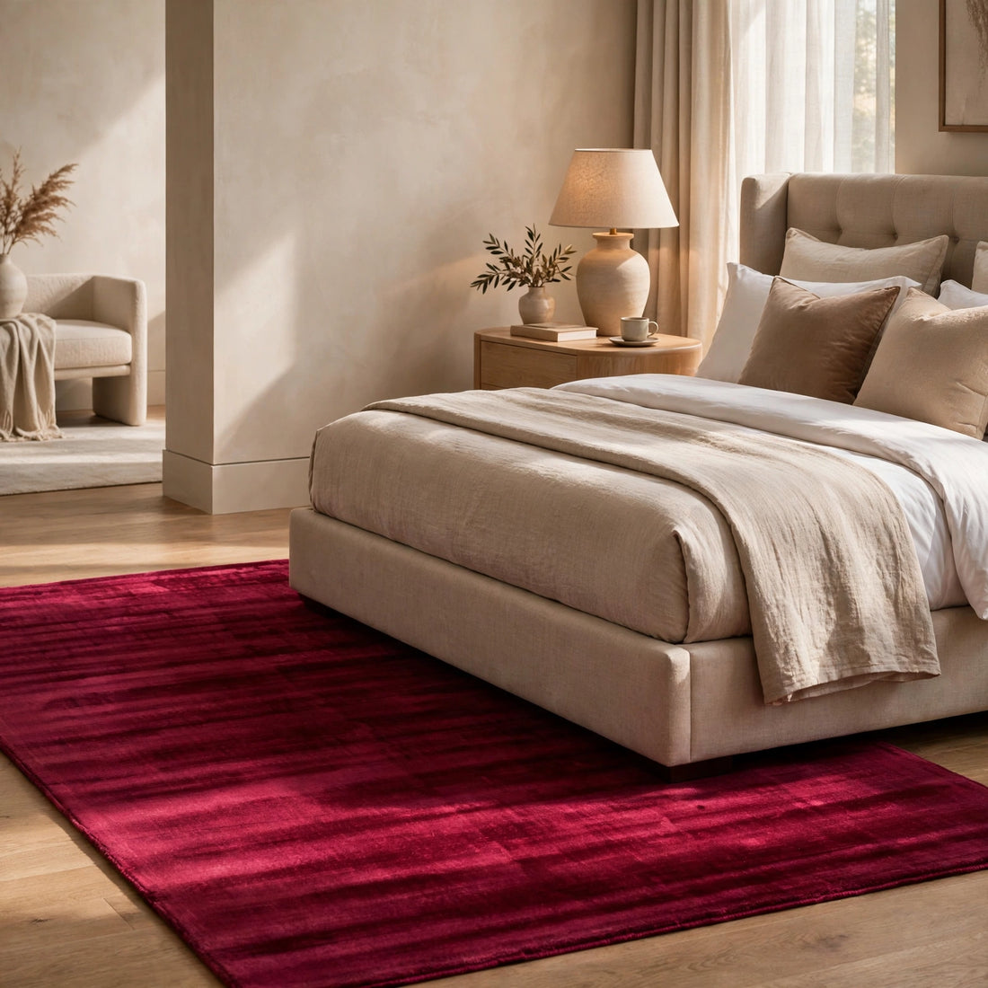 Red Viscose Rug – Handmade Handloom Carpet, Bhadohi India