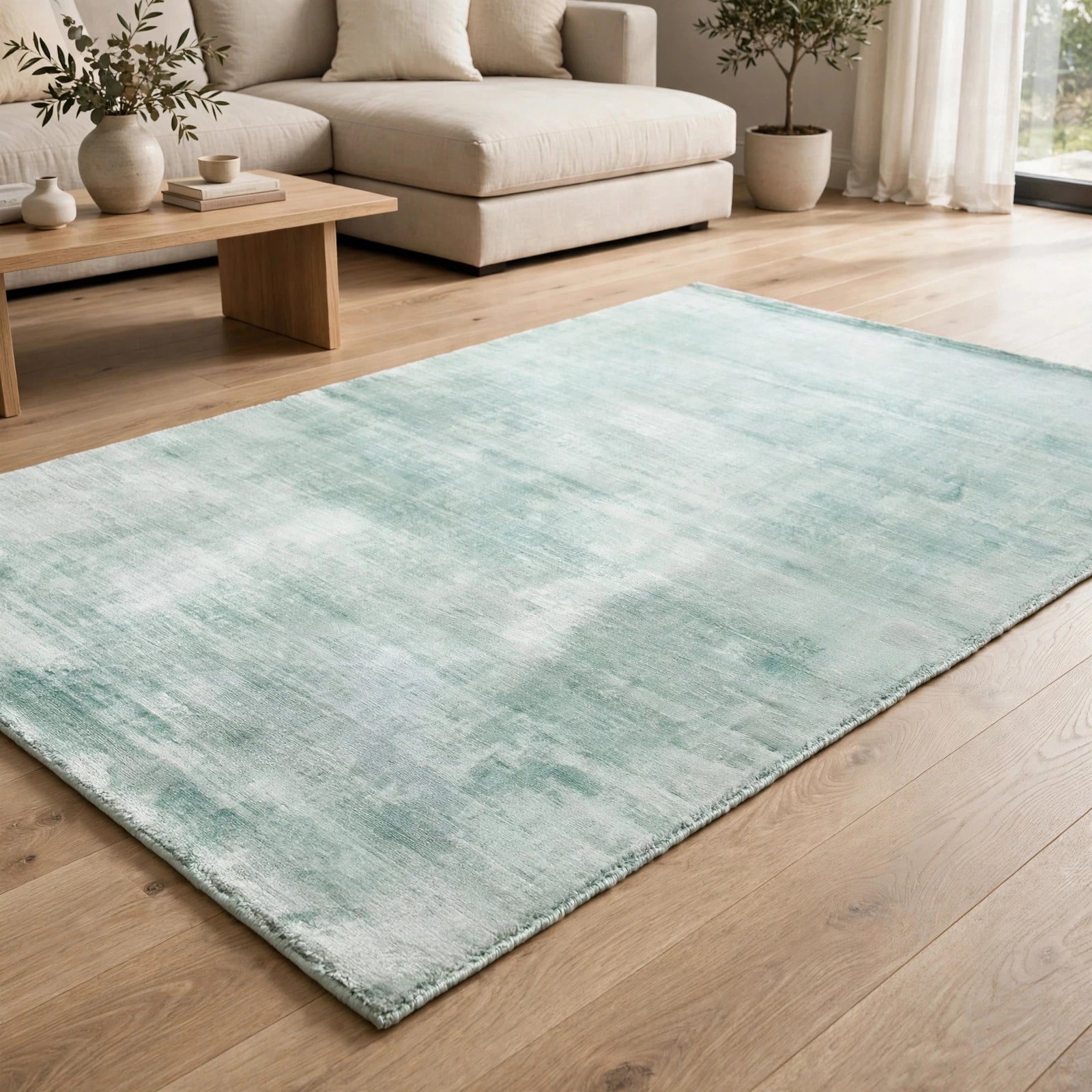 Aqua Blue Viscose Rug – Handmade Handloom Carpet, Bhadohi India