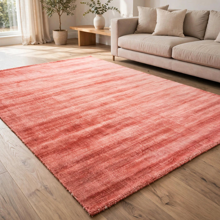 Coral Pink Silky Viscose Rug – Handmade Silk-Look Handloom Carpet, Bhadohi India