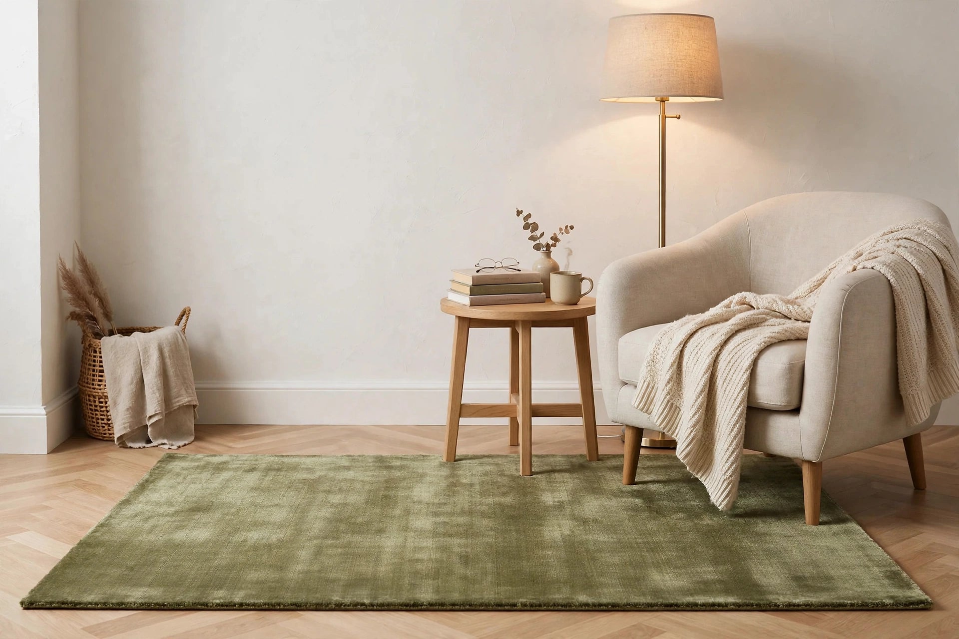 Olive Green Silky Viscose Rug – Handmade Silk-Look Handloom Carpet, Bhadohi India