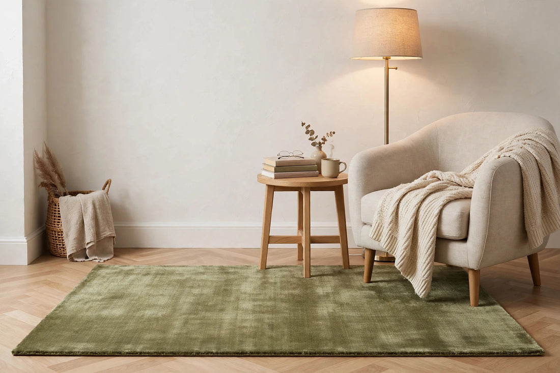 Olive Green Silky Viscose Rug – Handmade Silk-Look Handloom Carpet, Bhadohi India