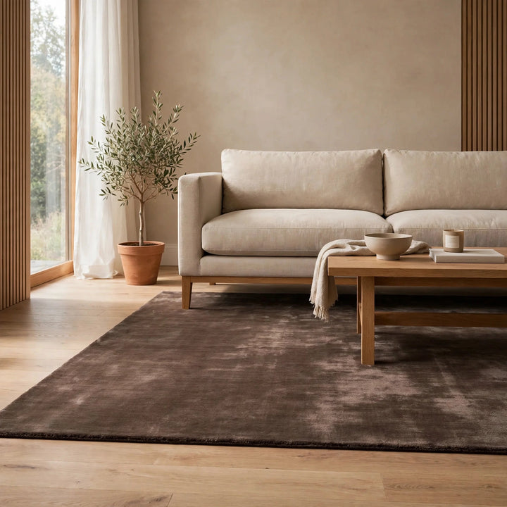 Deep Brown Silky Viscose Rug – Handmade Silk-Look Handloom Carpet, Bhadohi India