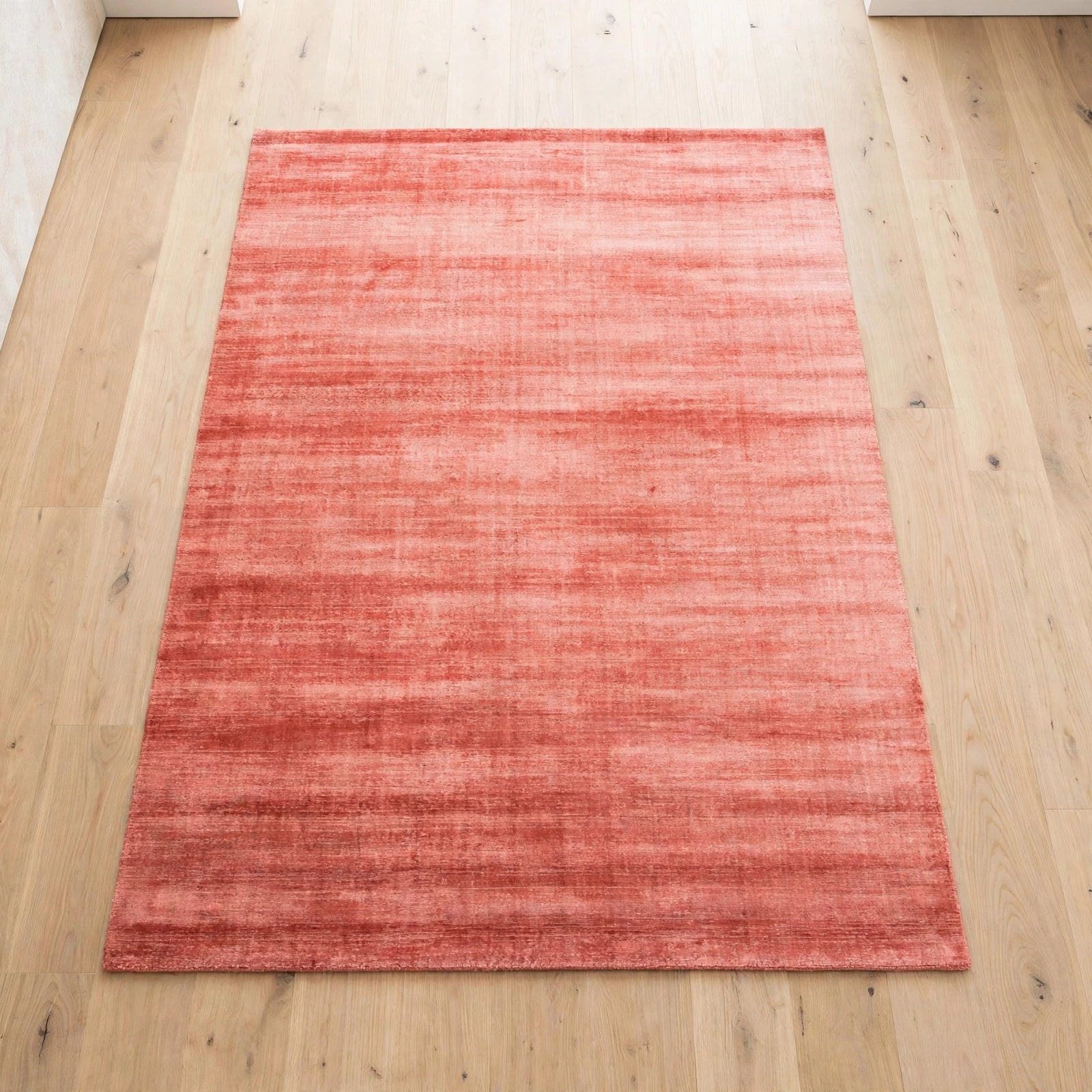 Coral Pink Silky Viscose Rug – Handmade Silk-Look Handloom Carpet, Bhadohi India