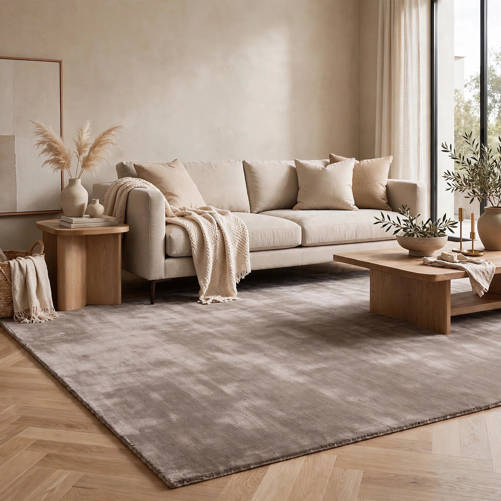 Mink Brown Silky Viscose Rug – Handmade Silk-Look Handloom Carpet, Bhadohi India