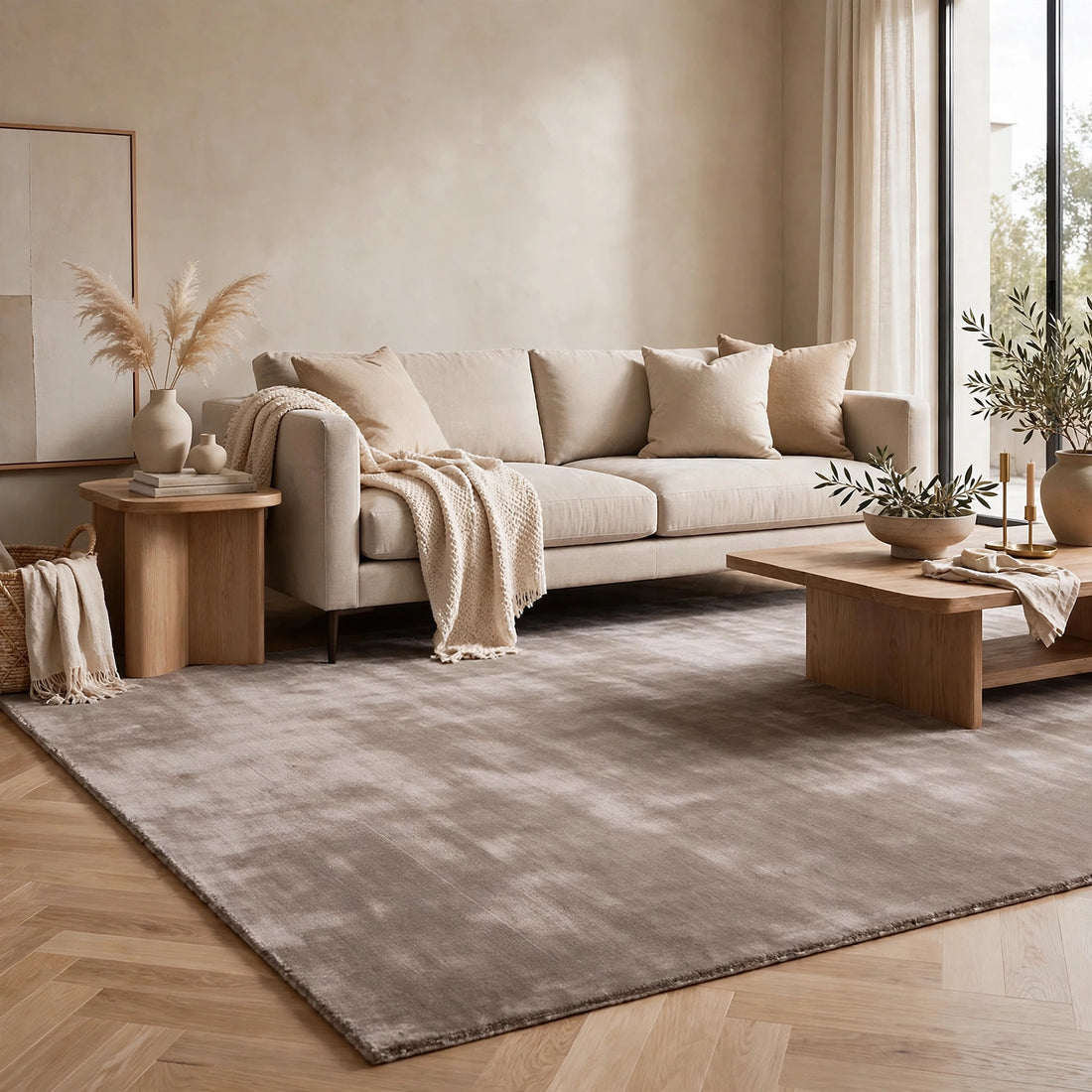Mink Brown Silky Viscose Rug – Handmade Silk-Look Handloom Carpet, Bhadohi India