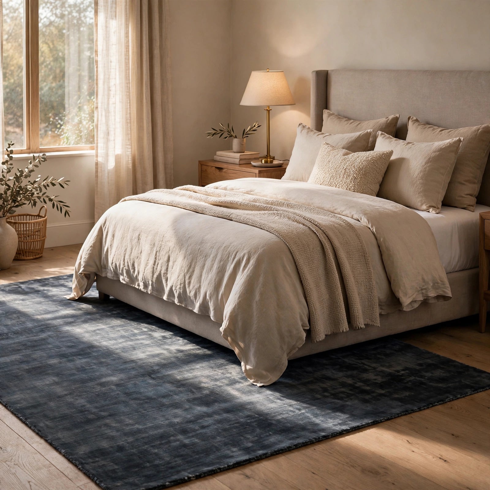Navy Blue Viscose Rug – Handmade Handloom Carpet, Bhadohi India