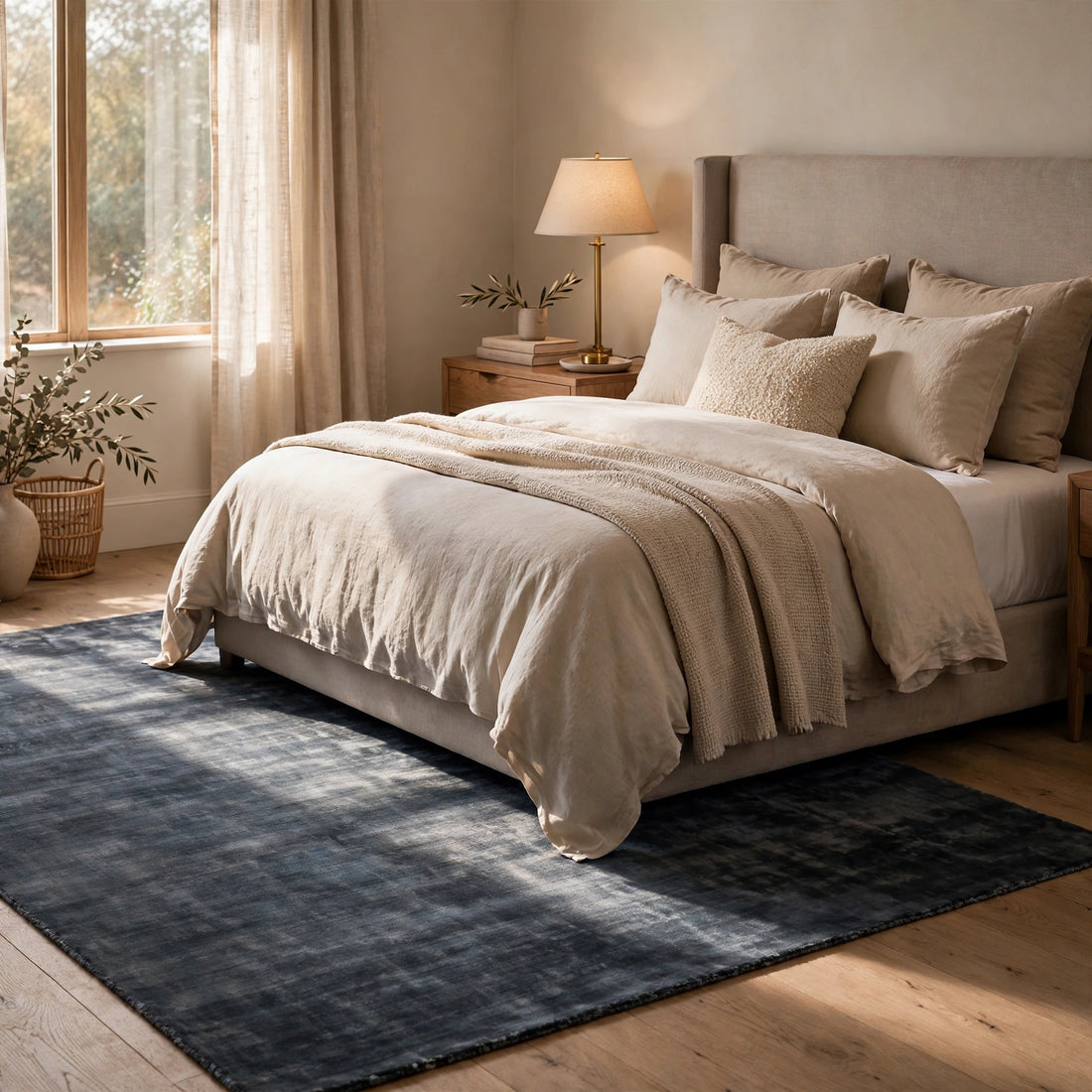 Navy Blue Viscose Rug – Handmade Handloom Carpet, Bhadohi India