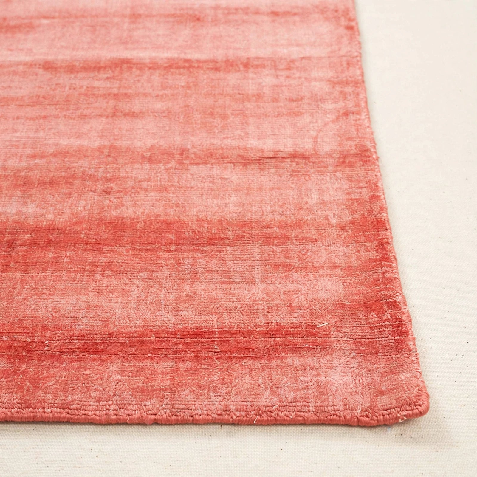 Coral Pink Silky Viscose Rug – Handmade Silk-Look Handloom Carpet, Bhadohi India