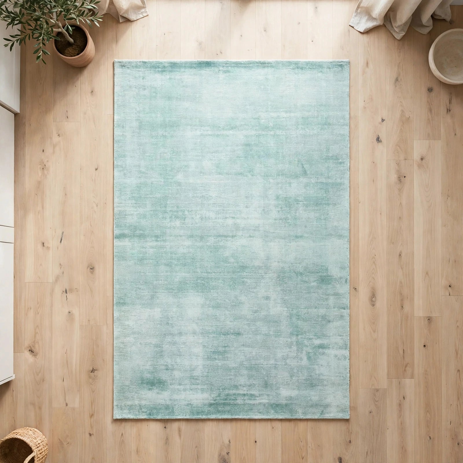 Aqua Blue Viscose Rug – Handmade Handloom Carpet, Bhadohi India