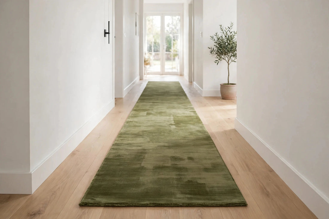Olive Green Silky Viscose Rug – Handmade Silk-Look Handloom Carpet, Bhadohi India