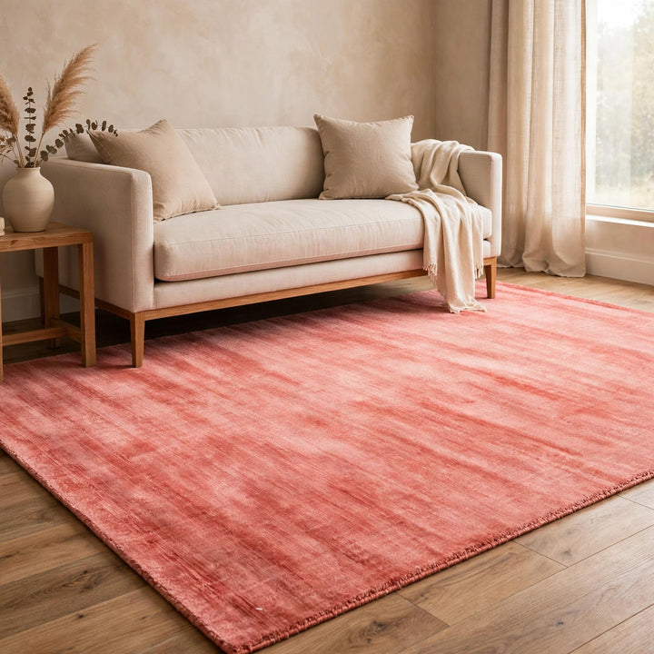 Coral Pink Silky Viscose Rug – Handmade Silk-Look Handloom Carpet, Bhadohi India