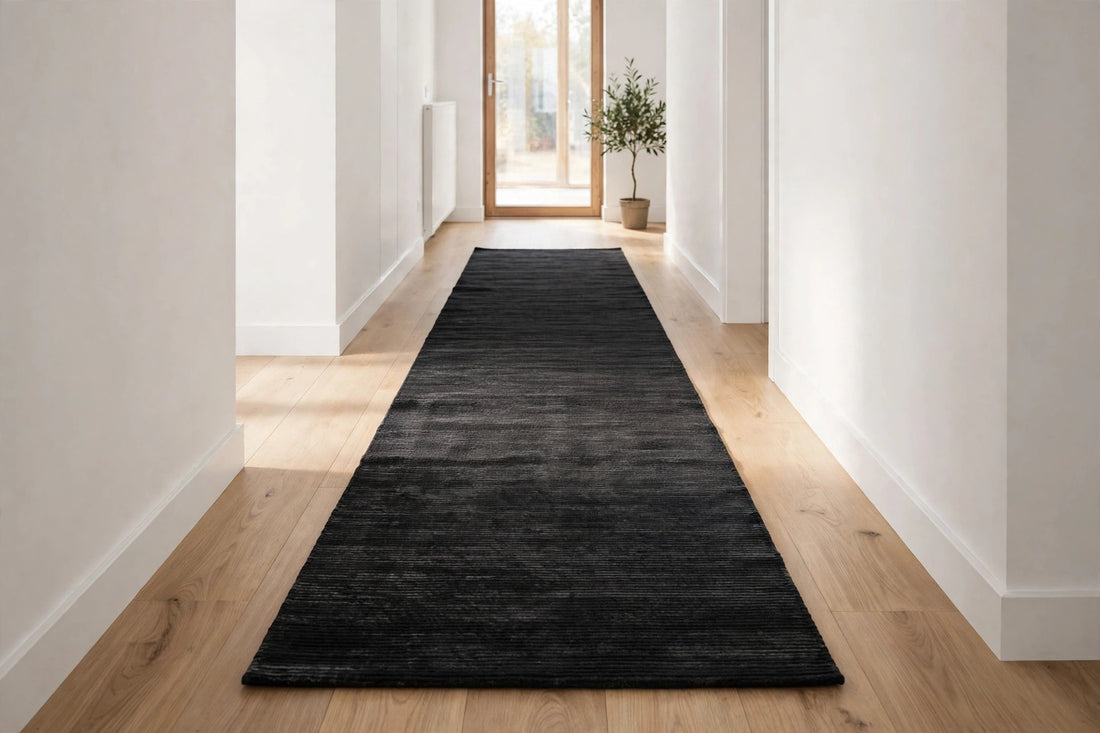 Black Viscose Rug – Handmade Handloom Carpet, Bhadohi India