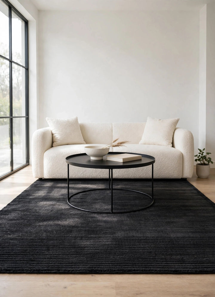 Black Viscose Rug – Handmade Handloom Carpet, Bhadohi India