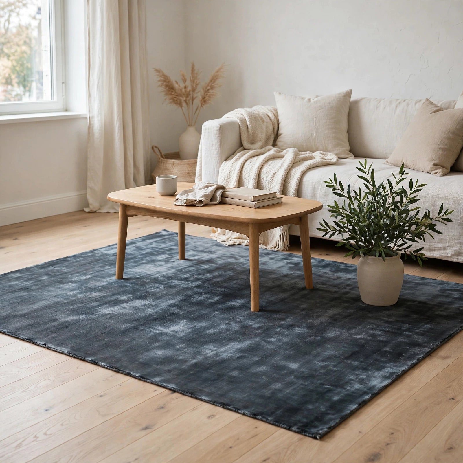 Navy Blue Viscose Rug – Handmade Handloom Carpet, Bhadohi India