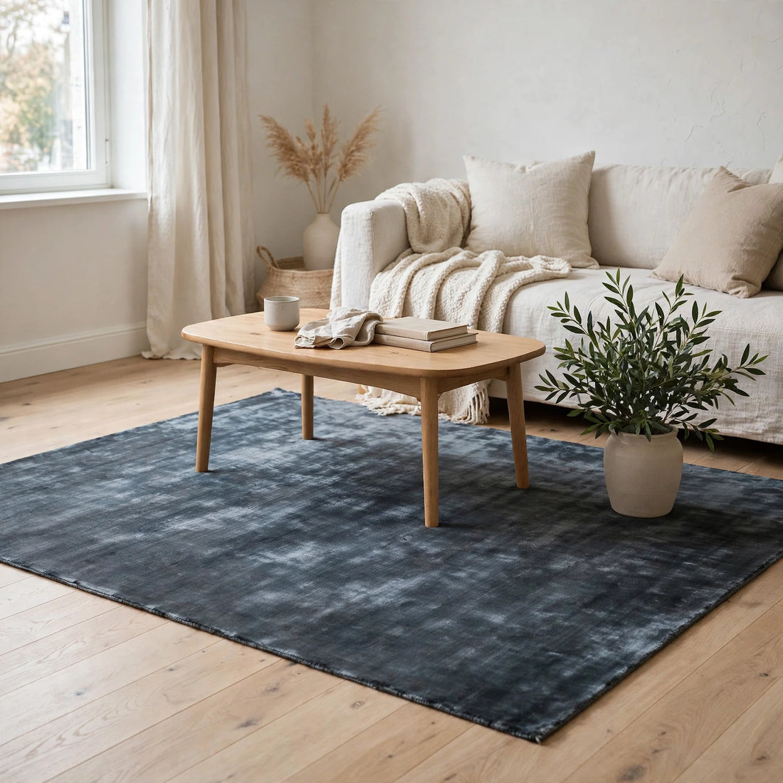 Navy Blue Viscose Rug – Handmade Handloom Carpet, Bhadohi India