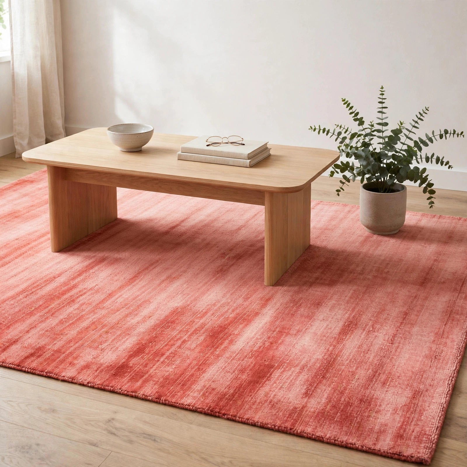 Coral Pink Silky Viscose Rug – Handmade Silk-Look Handloom Carpet, Bhadohi India
