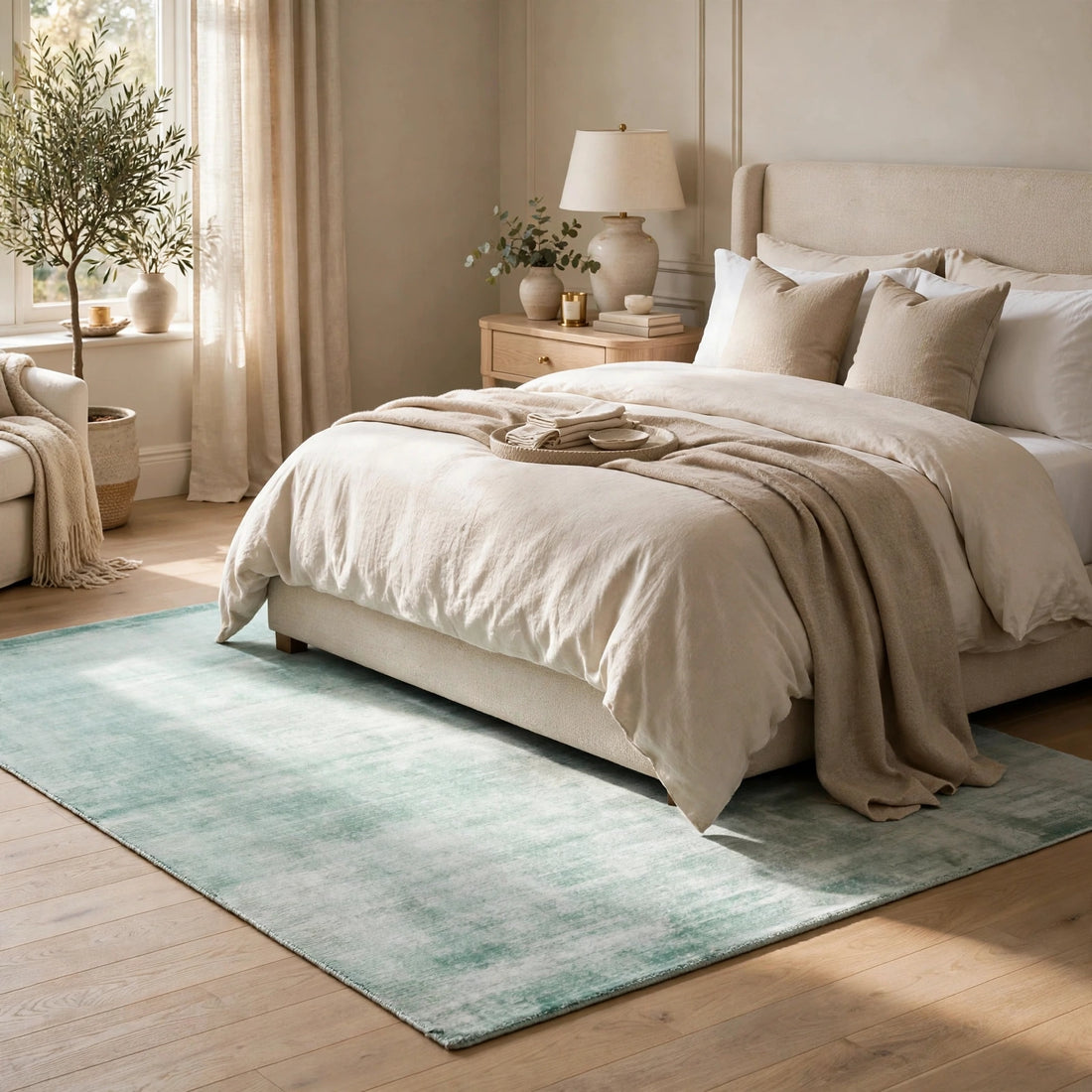 Aqua Blue Viscose Rug – Handmade Handloom Carpet, Bhadohi India