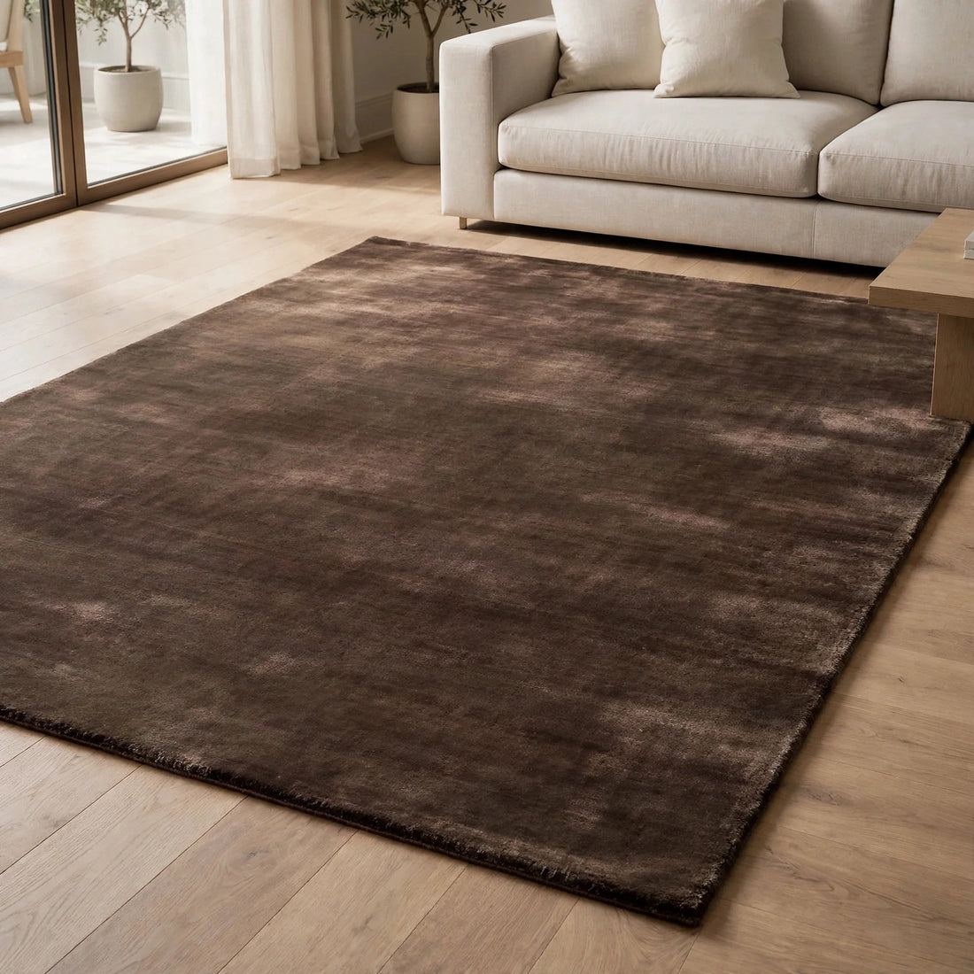 Deep Brown Silky Viscose Rug – Handmade Silk-Look Handloom Carpet, Bhadohi India