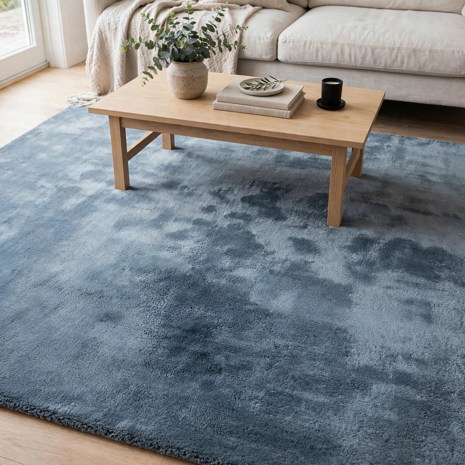 Aegean Blue Viscose Rug – Handmade Handloom Carpet, Bhadohi India