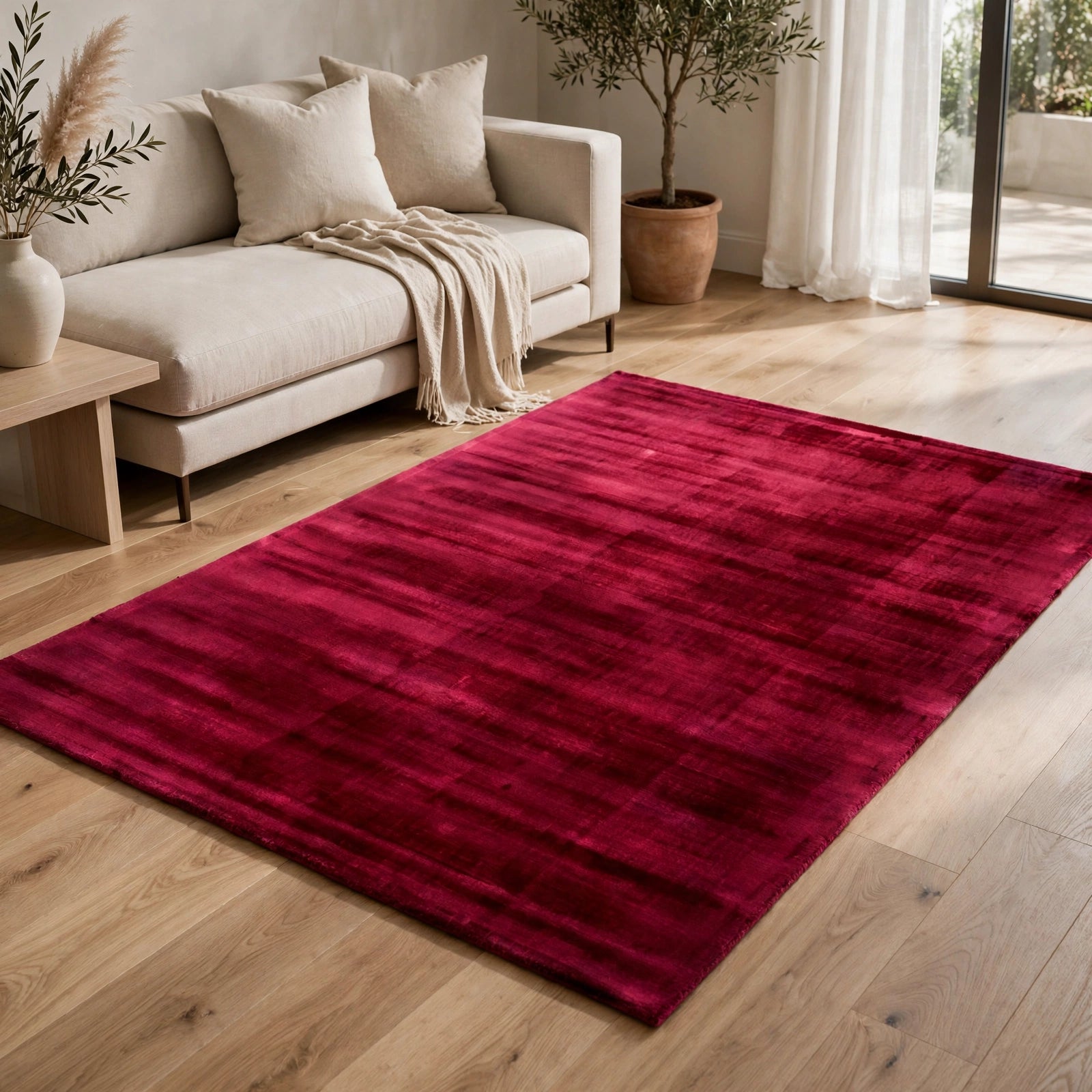 Red Viscose Rug – Handmade Handloom Carpet, Bhadohi India
