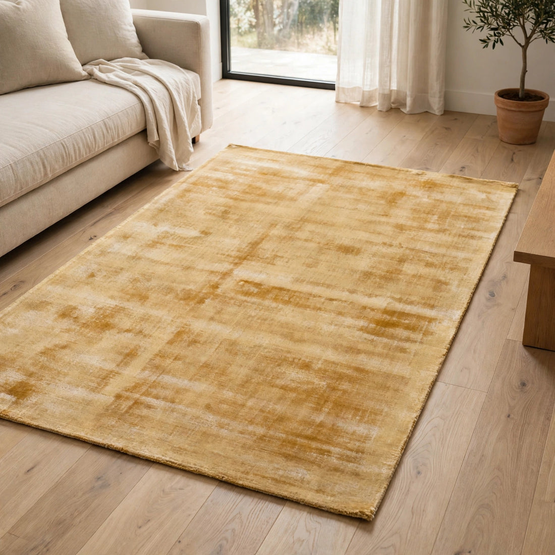 Yellow Viscose Rug – Handmade Handloom Carpet, Bhadohi India