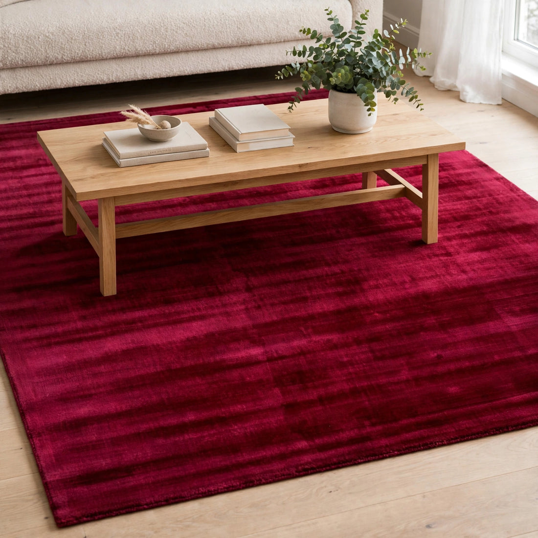 Red Viscose Rug – Handmade Handloom Carpet, Bhadohi India