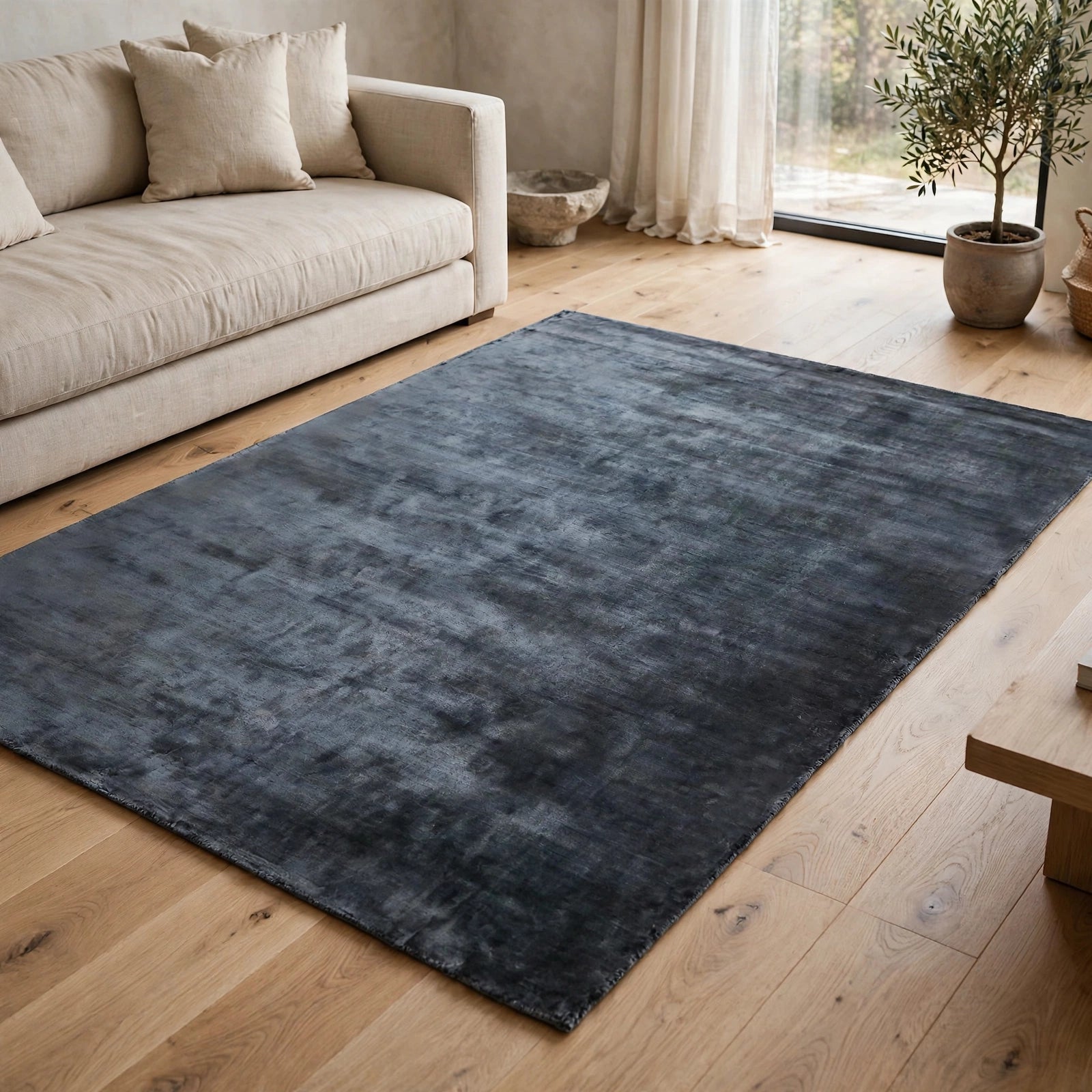 Navy Blue Viscose Rug – Handmade Handloom Carpet, Bhadohi India