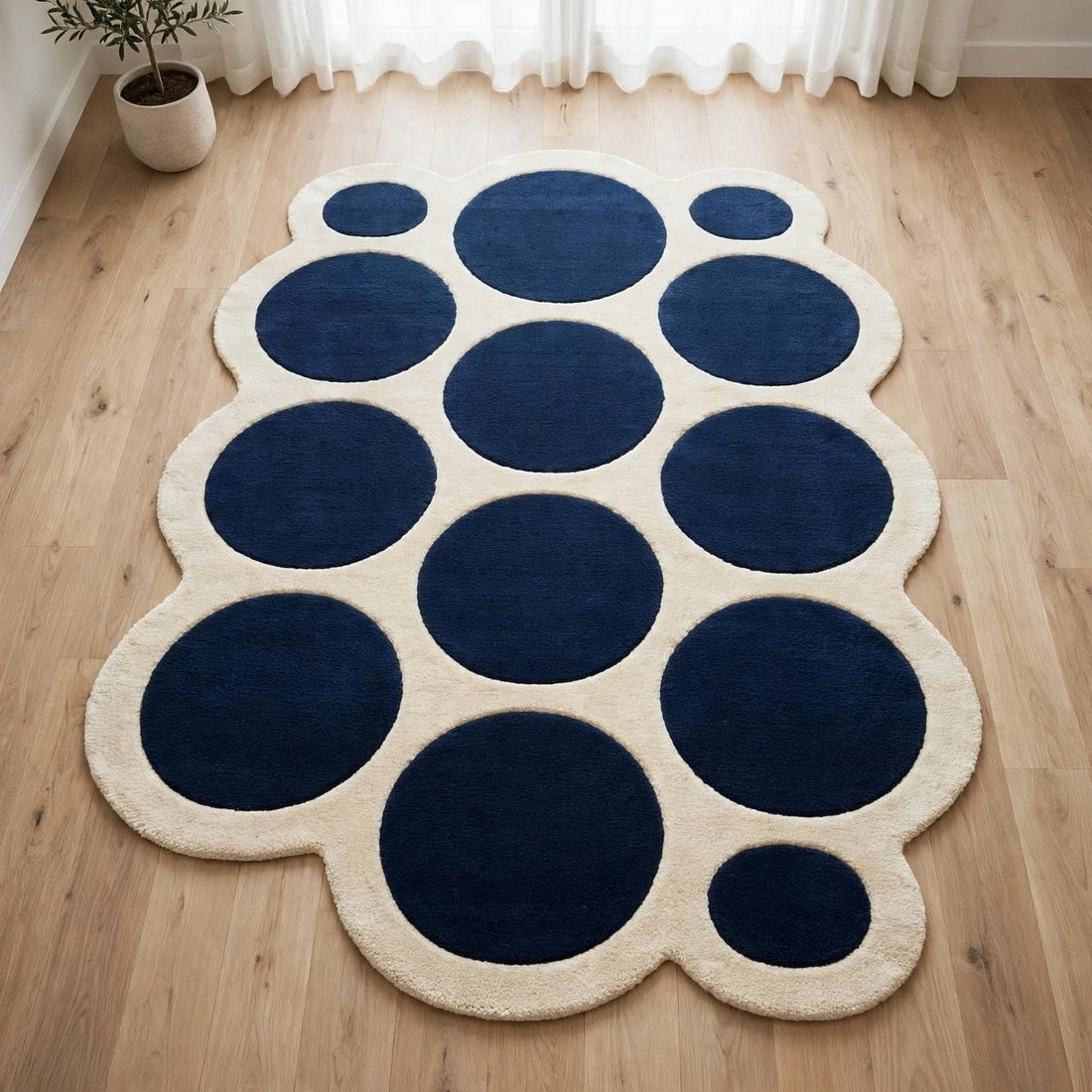 Modern Hand-Tufted Navy Blue Polka Dot Rug – Aesthetic Irregular Bubble Area Carpet
