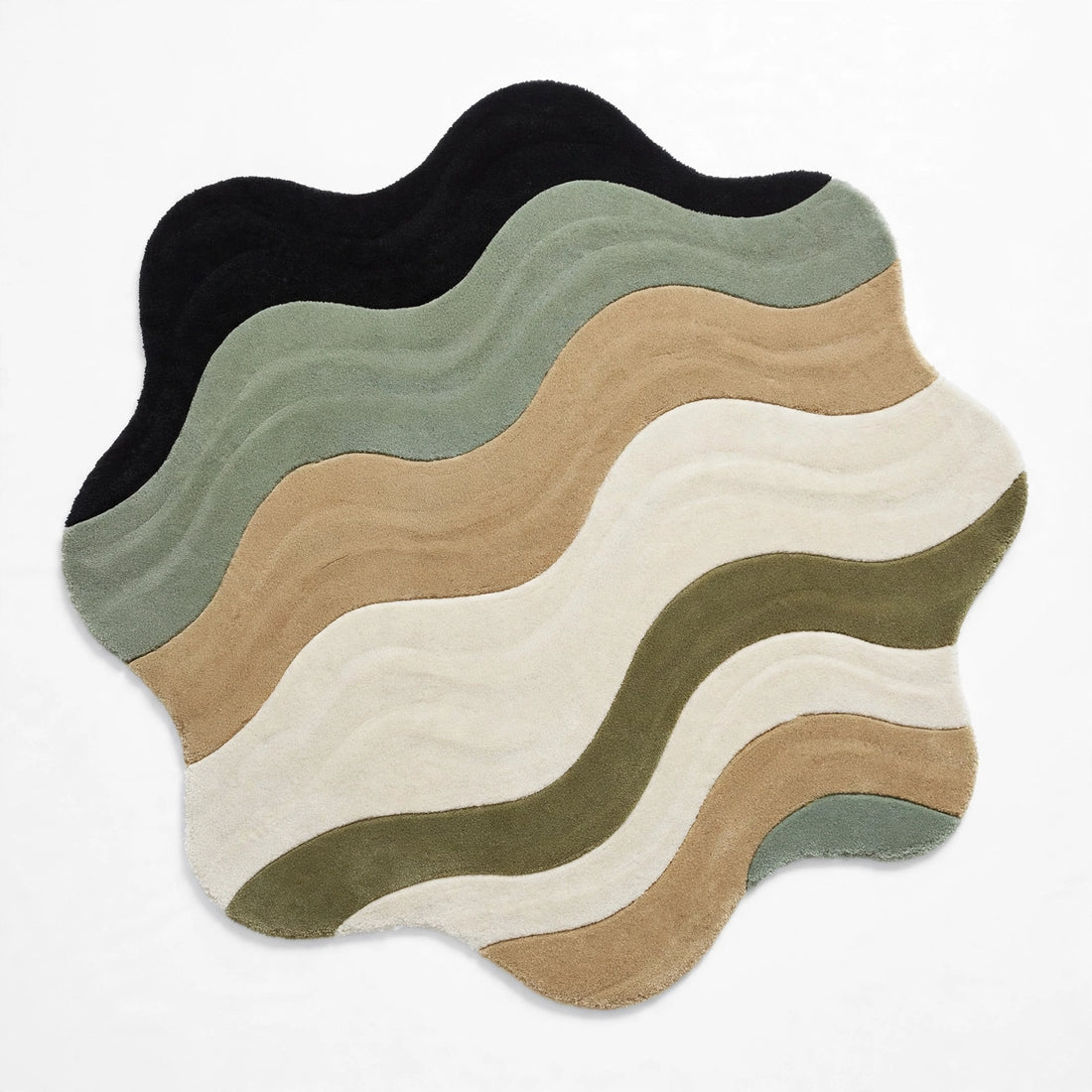 Japandi Hand-Tufted Earth Tone Wavy Rug – Muted Sage Olive Tan Abstract Carpet