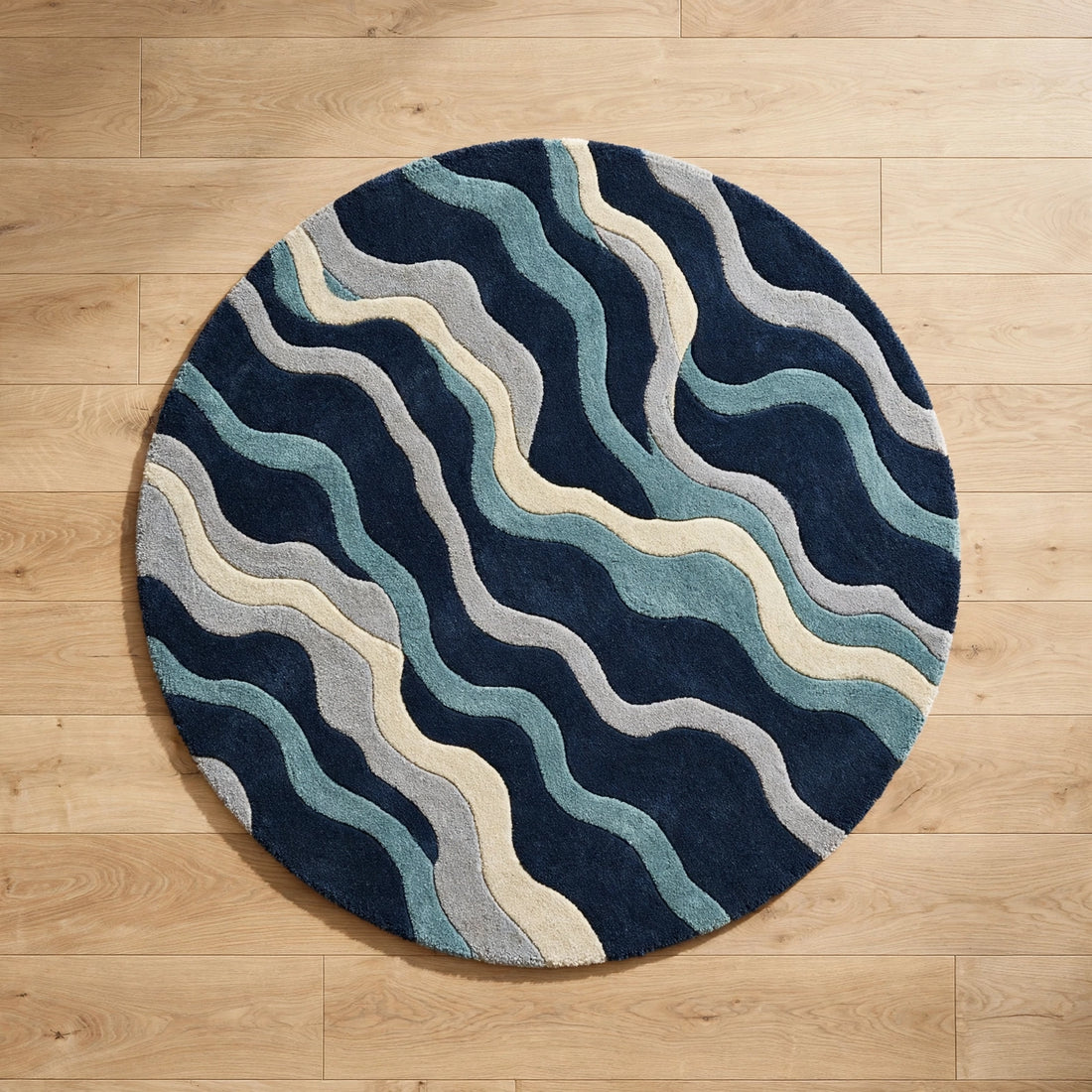 Hand-Tufted Round Wavy Stripe Area Rug – Ocean Navy Blue Circular Carpet