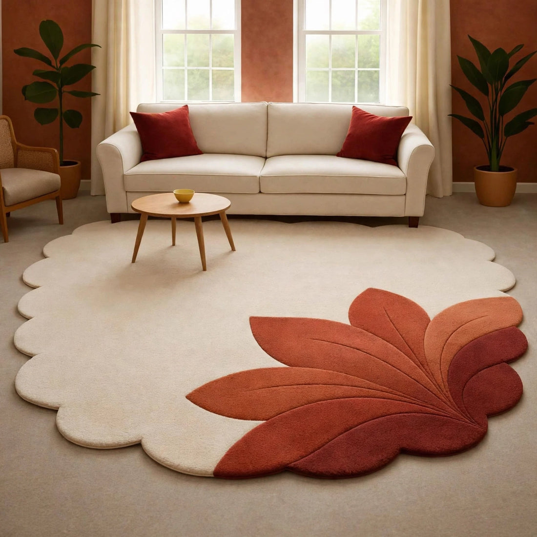 Hand-Tufted Terracotta Flower Petal Rug – Scalloped Aesthetic Cream Area Carpet