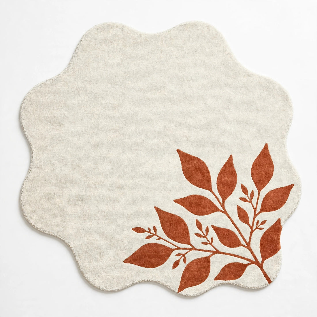Hand-Tufted Scalloped Botanical Leaf Rug – Cream Terracotta Branch Accent Carpet