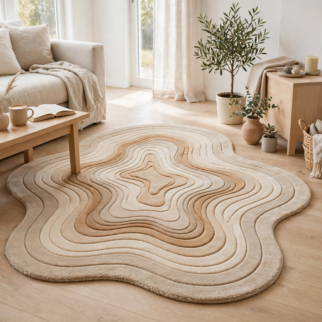 Japandi Hand-Tufted Wavy Contour Area Rug – Minimalist Beige Tan Irregular Carpet