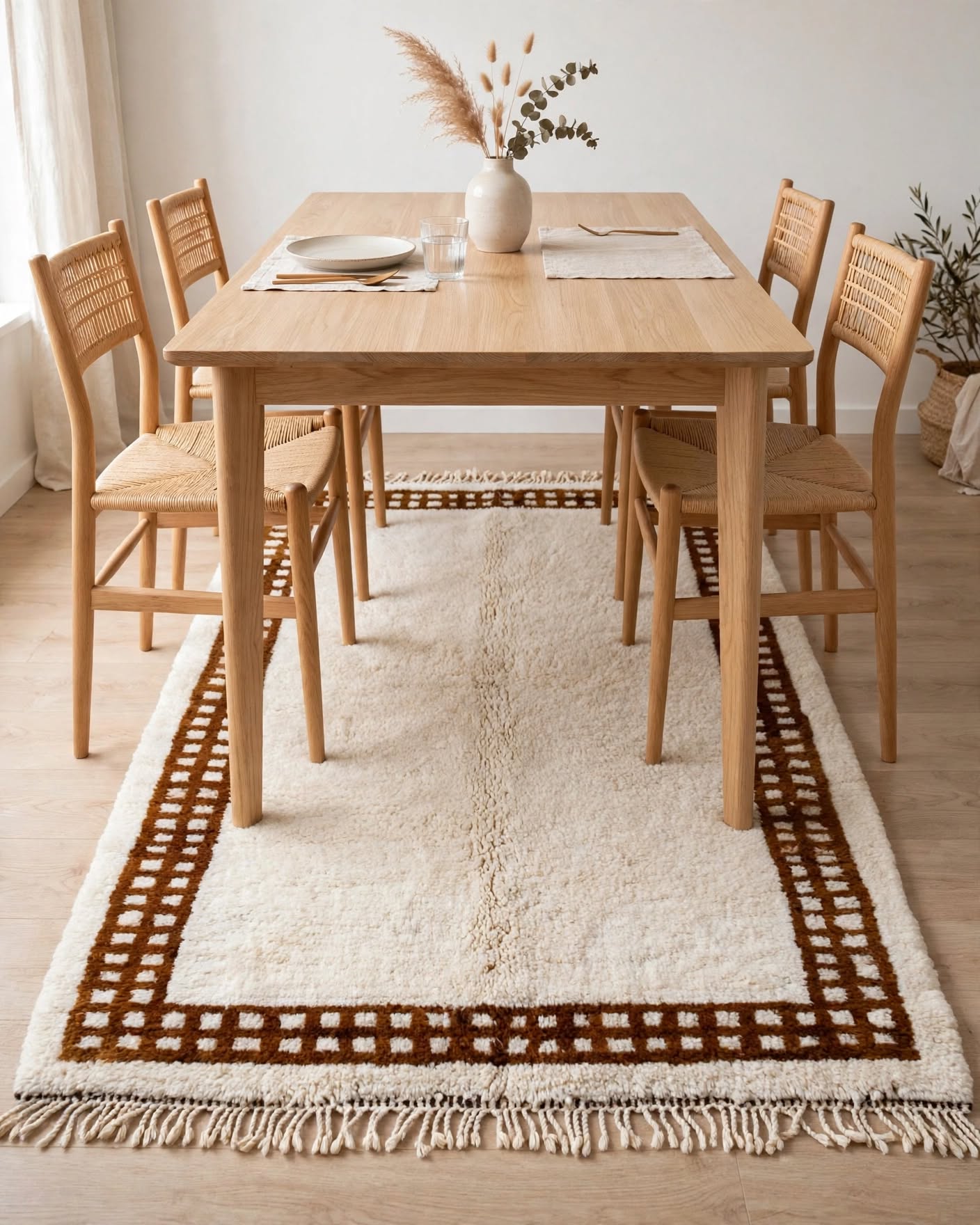 Cream Ivory Moroccan Berber Wool Rug with Terracotta Rust Border – Design 2, handmade in Bhadohi India – border detail