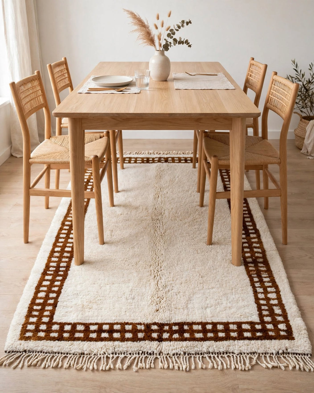 Cream Ivory Moroccan Berber Wool Rug with Terracotta Rust Border – Design 2, handmade in Bhadohi India – border detail