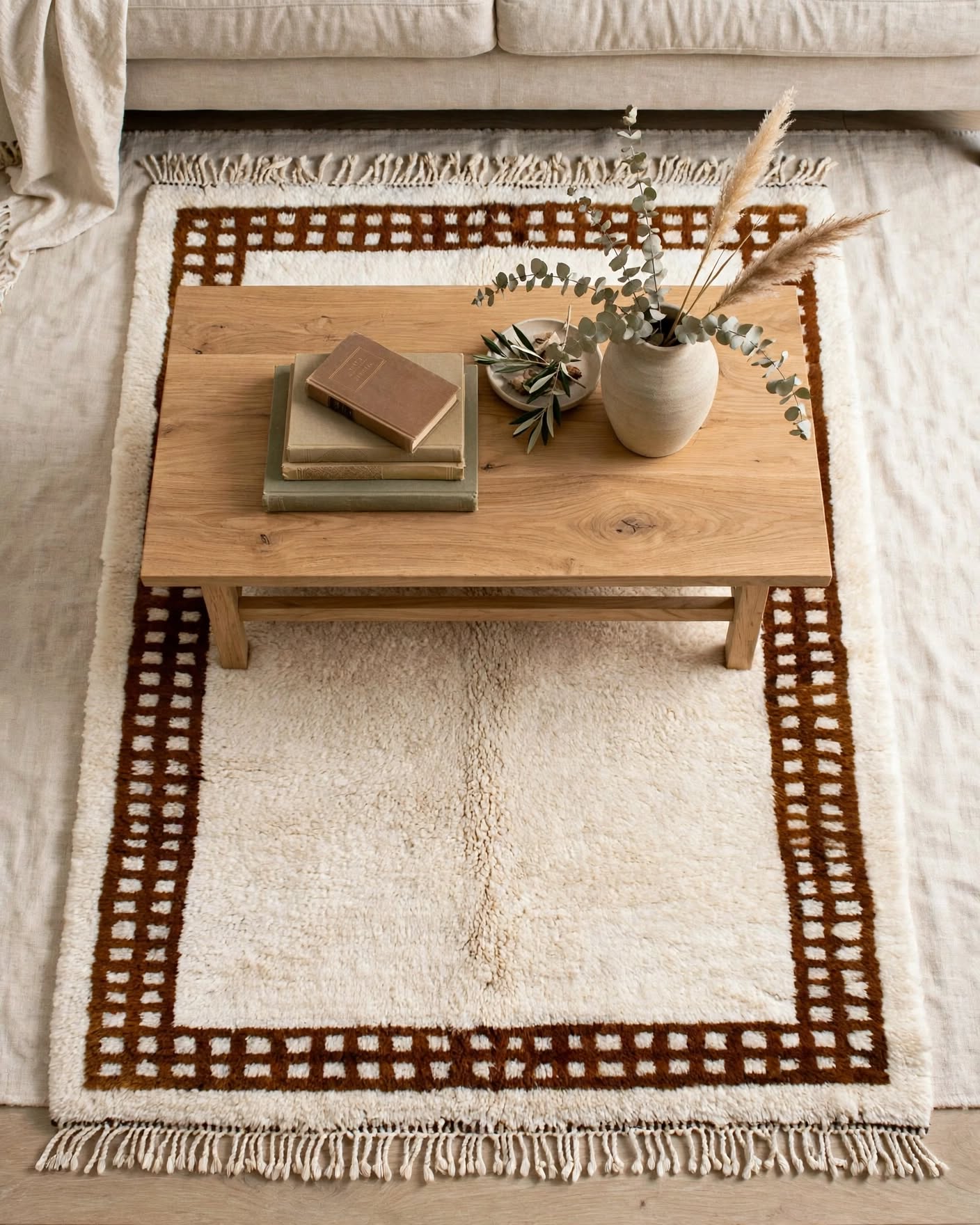 Cream Ivory Moroccan Berber Wool Rug with Terracotta Rust Border – Design 2, handmade in Bhadohi India – border detail