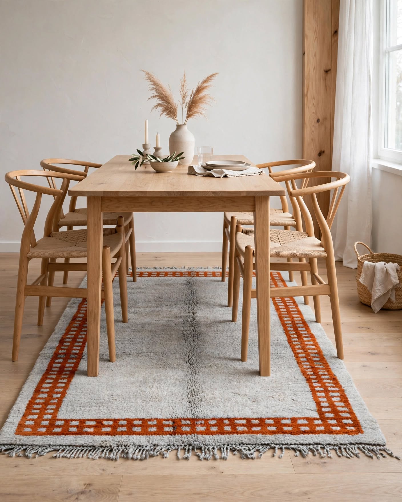Cream Ivory Moroccan Berber Wool Rug with Sunset Orange Border, handmade in Bhadohi India – border detail