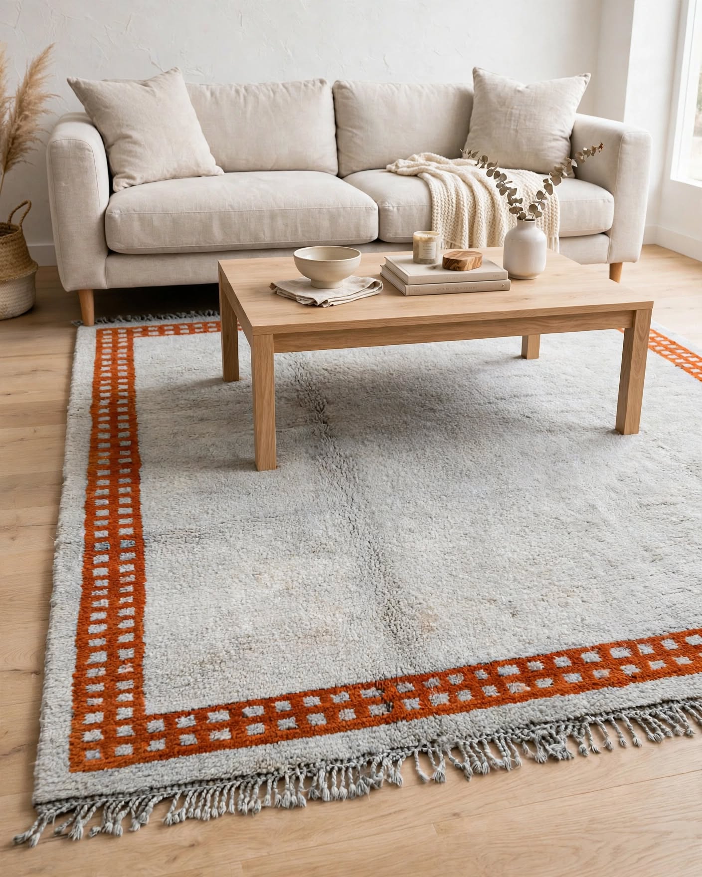 Cream Ivory Moroccan Berber Wool Rug with Sunset Orange Border, handmade in Bhadohi India – border detail