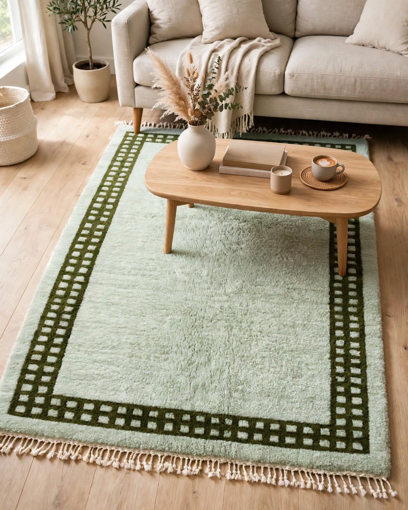 Mint Green Moroccan Berber Wool Rug with Dark Geometric Border, handmade in Bhadohi India – border detail