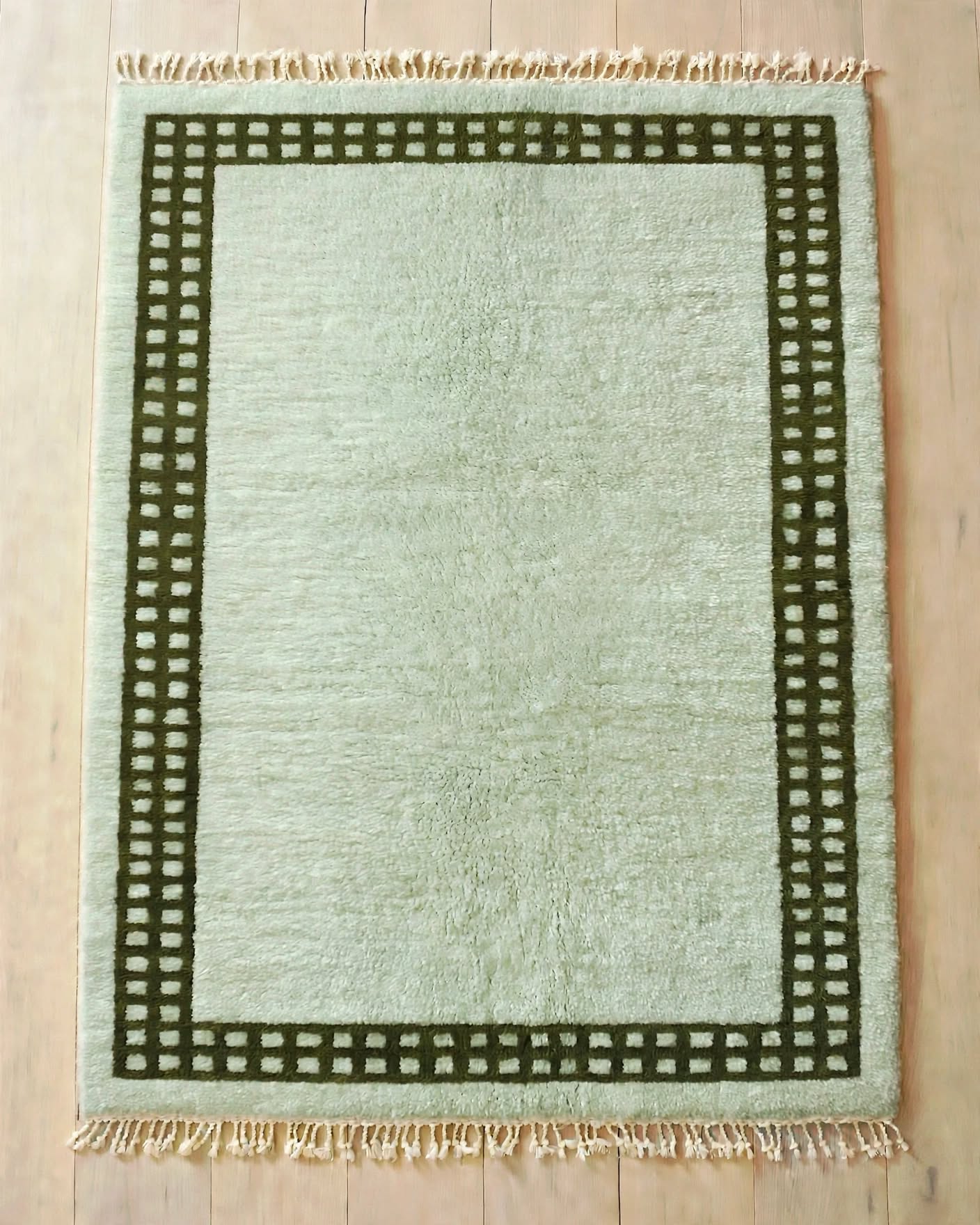 Mint Green Moroccan Berber Wool Rug with Dark Geometric Border, handmade in Bhadohi India – border detail